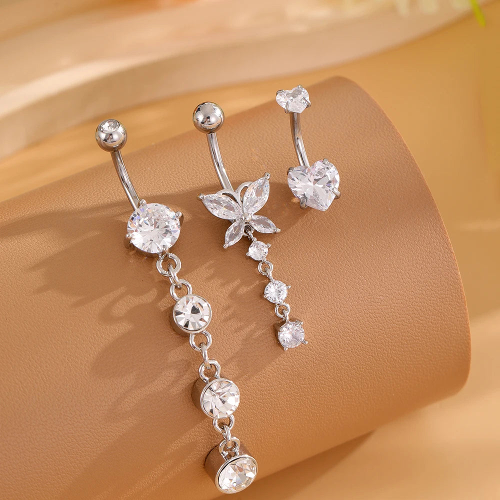 3-5 pièces ensembles de styles mixtes coeur fleur balancent nombril anneaux en acier inoxydable papillon incurvé Zircon ventre Piercing nombril anneau