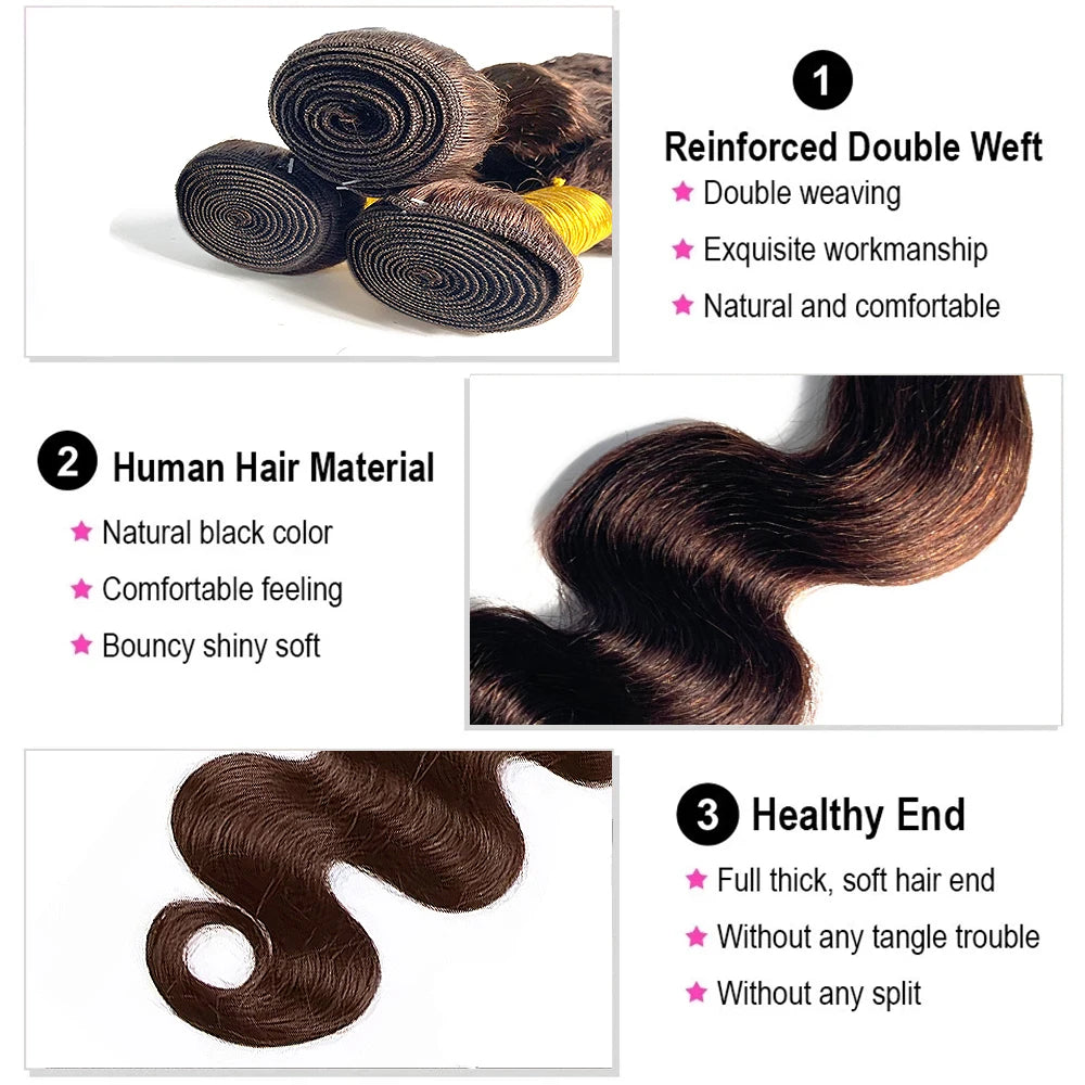 # 4 Bundles de Cheveux Humains Ondulés Brun Foncé 1/3 Pièces, Extensions de Cheveux Remy Brésiliens à Double Trame de 18 à 30 Pouces pour Femmes