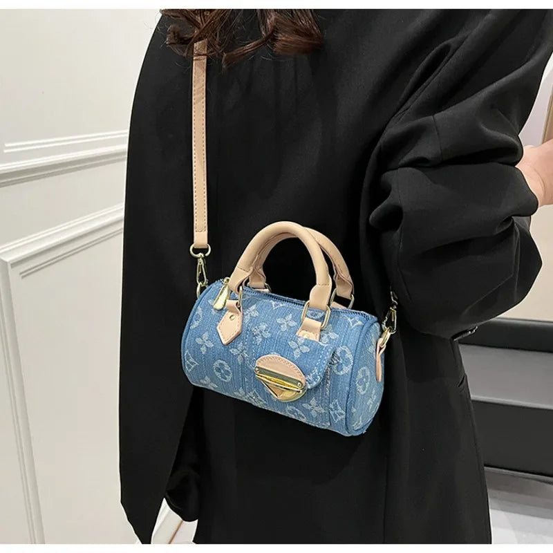 Sacs en jean tendance pour femmes, sacs bandoulière élégants et polyvalents, sacs à main cylindriques ronds à la mode