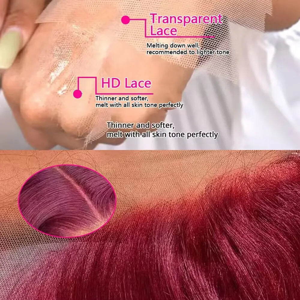 Perruque Lace Front Wig Body Wave Brésilienne Naturelle, Cheveux Humains, Couleur Rouge Bordeaux 99j, 13x6, 13x4, 30 ou 36 Pouces, Densité 200, pour Femme