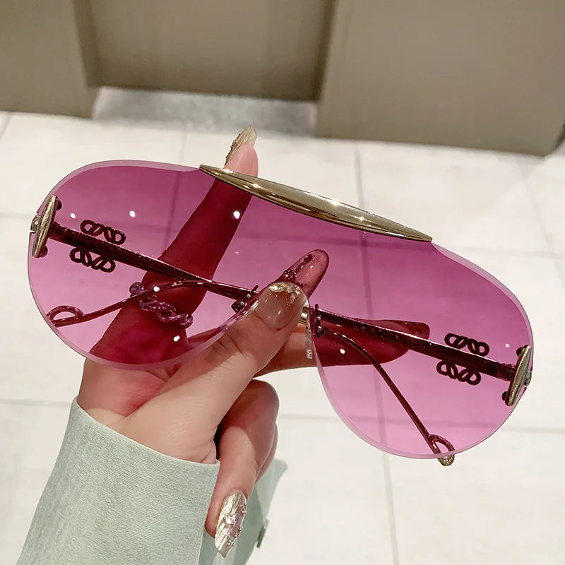 Coupe sans monture surdimensionné une pièce bouclier lunettes de soleil pour femmes mode alliage grand cadre dégradé Y2K lunettes de soleil dames nuances