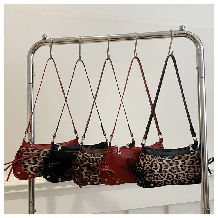 Nouveau sac sous le bras tendance, sac à bandoulière pour femmes, sac à main avec double nœud doux, sac pour dames, style rétro, sac à épaule féminin à motif léopard.