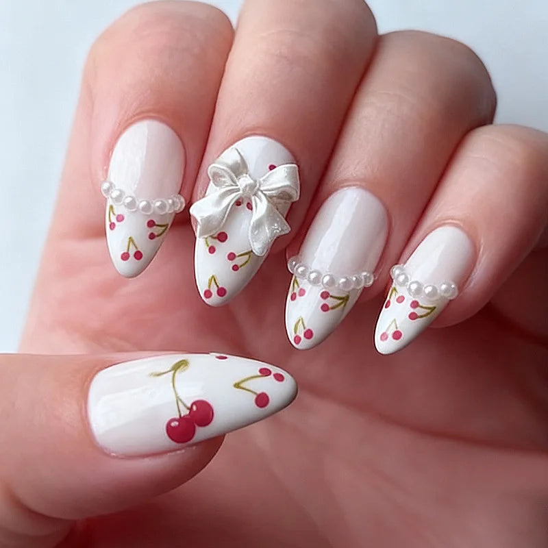 24 pièces doux oeil de chat français presse sur ongles diamant pointu tridimensionnel nœud papillon portable ongles pour femmes et fille amande ongles