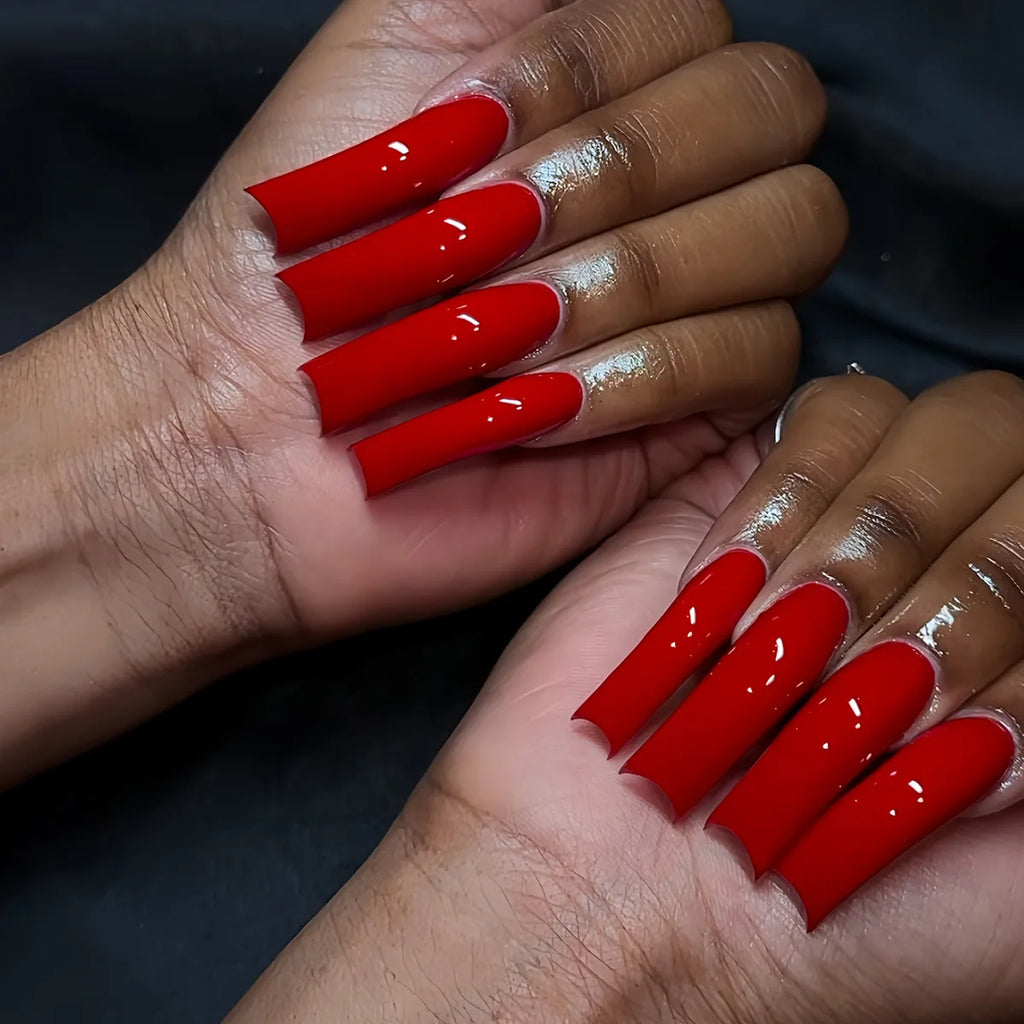 Faux ongles longs et courbés rouge vif, 20 pièces, amovibles, patchs de manucure, charmes, couverture complète, en acrylique, à presser, pour femmes