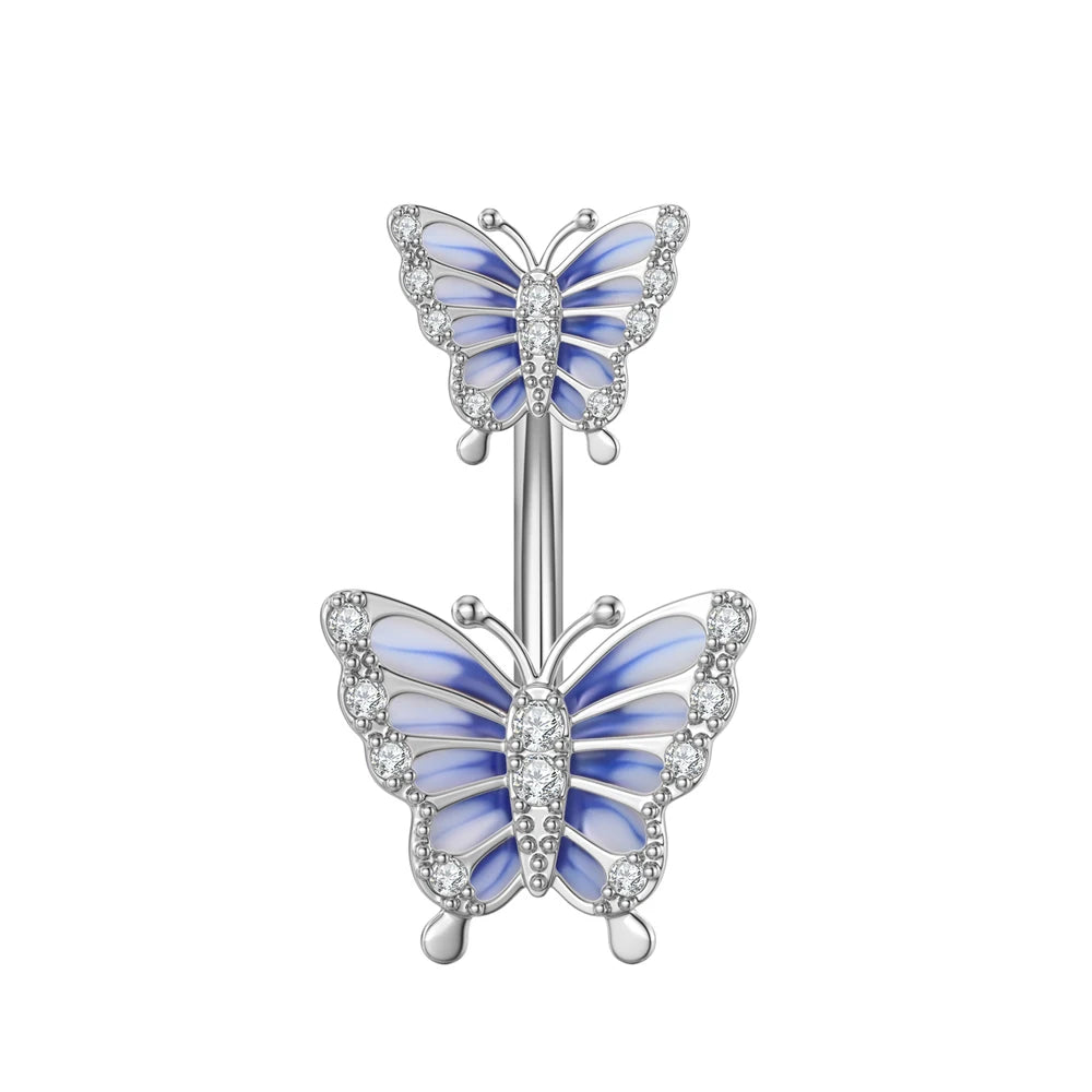 1 pièce Anneau de nombril incurvé en acier inoxydable couleur or avec cristaux CZ, motif papillon abeille, 14G, avec pendentif
