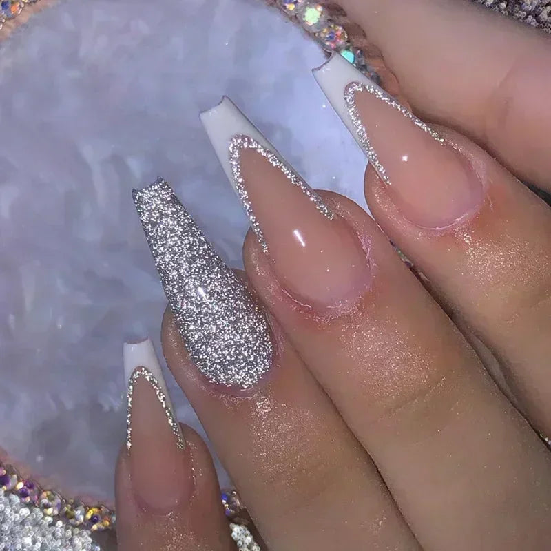 Faux Ongles Longs Bruns N64.Glitter Ballet Wearable, Design Français, Presse Complète sur Nail Ins, Nail Tips Art, 24Pcs