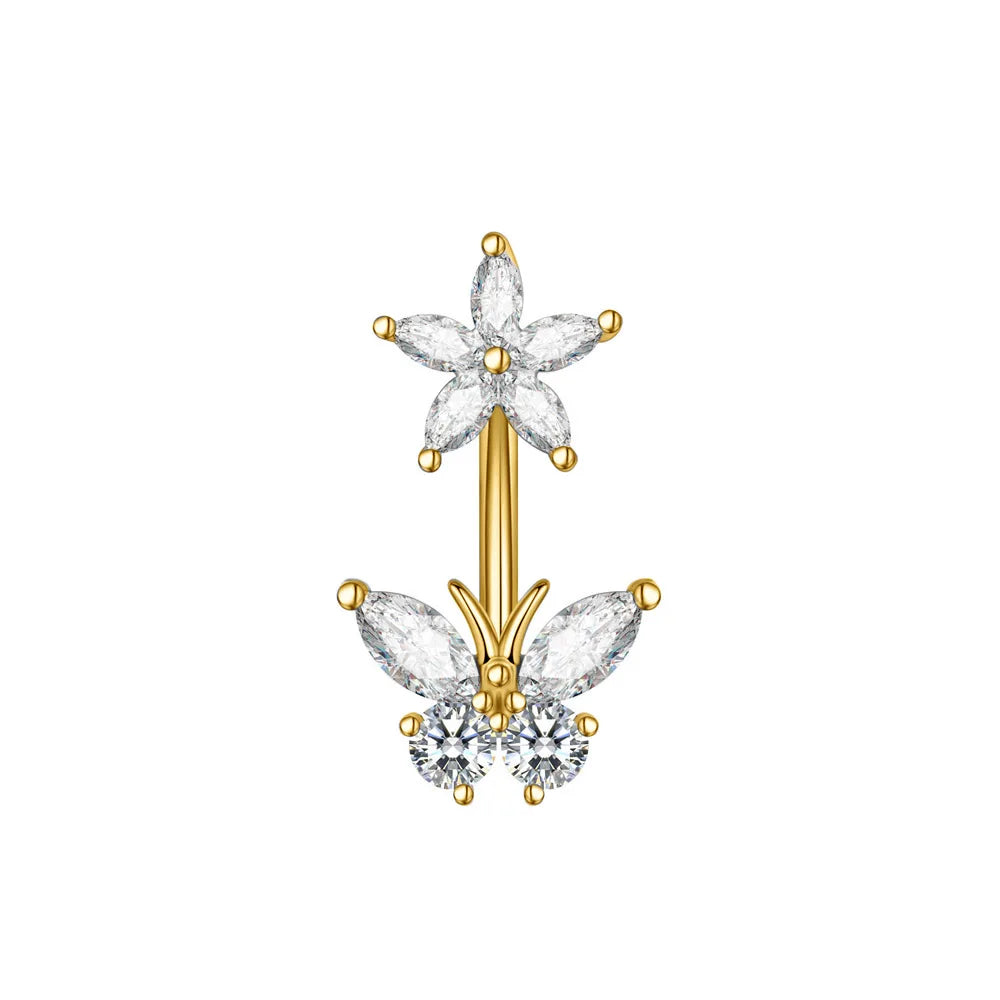 1 pièce Anneau de nombril incurvé en acier inoxydable couleur or avec cristaux CZ, motif papillon abeille, 14G, avec pendentif