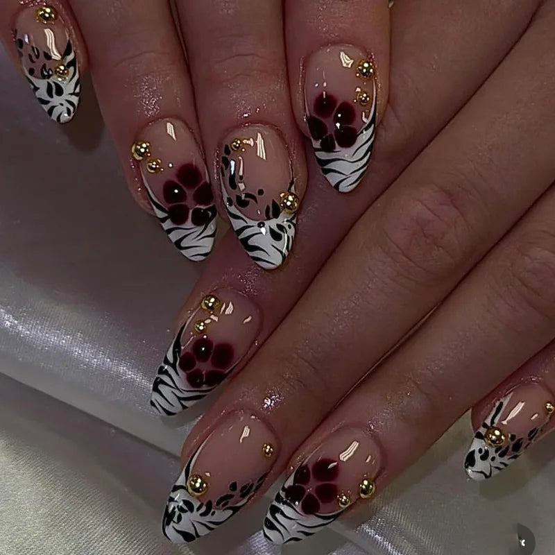 24 pièces mi-long doré amande ongles ensemble presse sur 3D fleur dégradé rose couverture complète faux ongles conseils perle réutilisable faux ongles