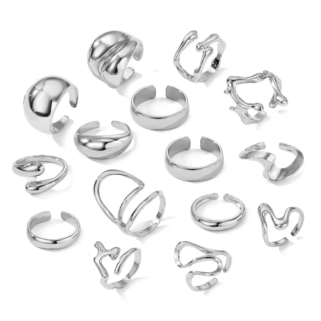 Bagues lisses en métal pour femmes et hommes, lignes irrégulières exagérées, gouttelettes d'eau, Punk rétro Boho, bijoux à la mode, cadeau, 15 pièces/ensemble
