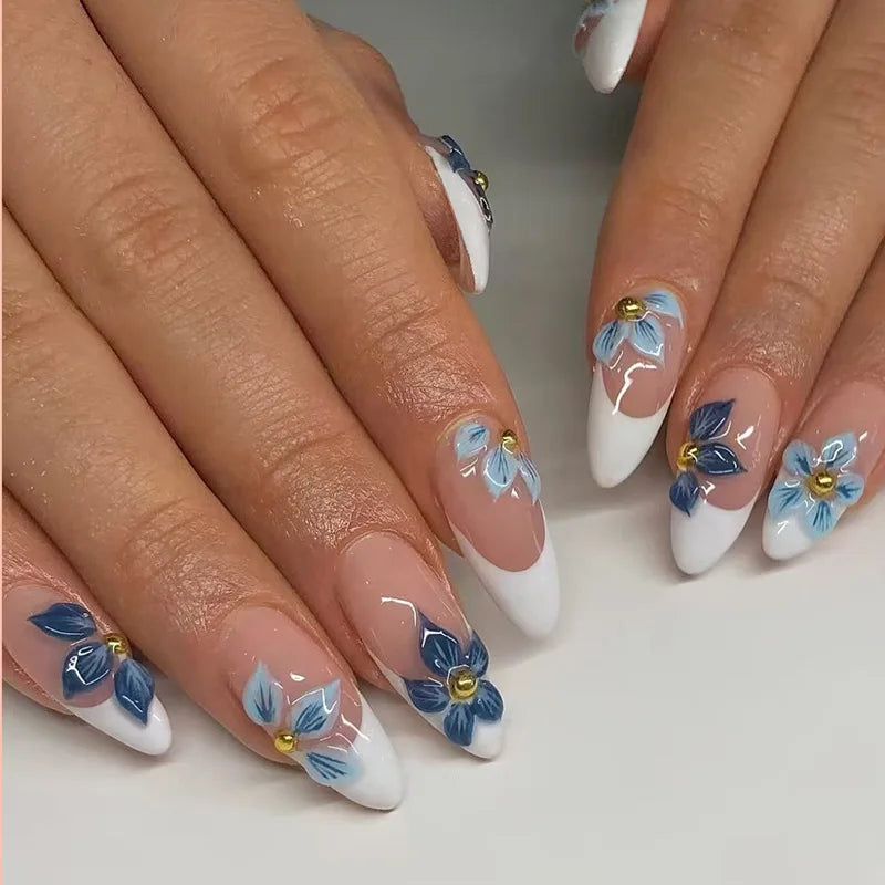 Faux ongles 3D pour femmes et filles, dégradé de fleurs en relief marron bleu avec strass, pointes d'amande d'automne et d'hiver à pression sur les faux ongles