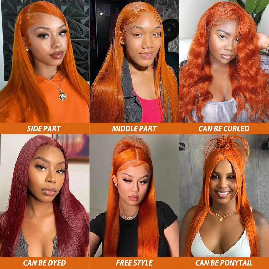 Perruque Lisse Orange Gingembre de 30 Pouces, Cheveux Humains Péruviens Colorés 350, Lace Frontale HD Transparente 13x6 13x4 pour Femmes