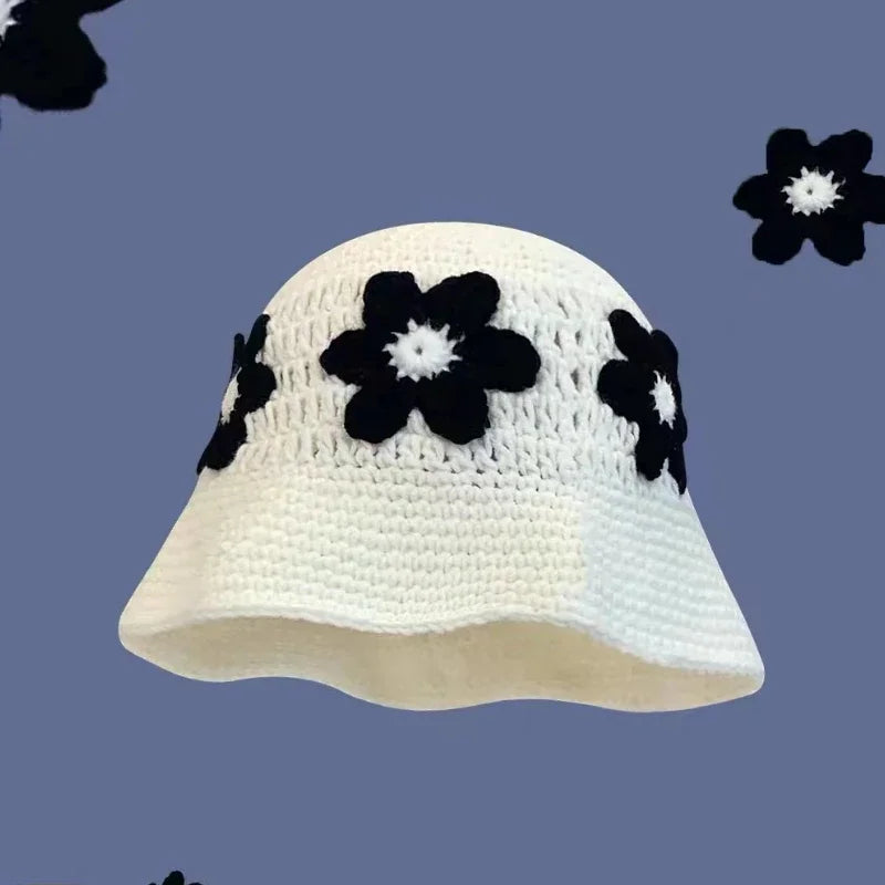 Chapeau seau coréen fait à la main au Crochet pour femmes, tissage tricoté, mode fleurs Y2k, bonnet de bassin, nouvelle collection automne hiver