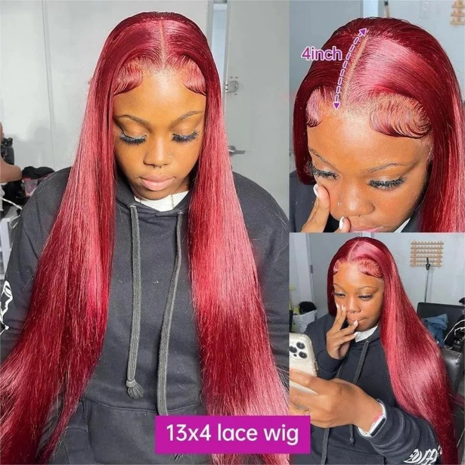 Perruque en cheveux humains raides 99J bordeaux, lace front HD 13x6, wig rouge colorée, pré-épilée, cheveux brésiliens, lace transparente frontale.