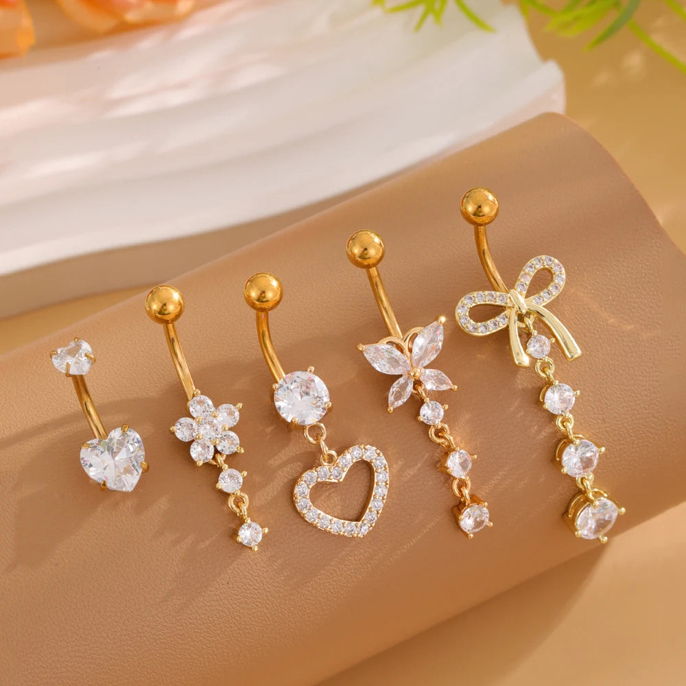 3-5 pièces ensembles de styles mixtes coeur fleur balancent nombril anneaux en acier inoxydable papillon incurvé Zircon ventre Piercing nombril anneau