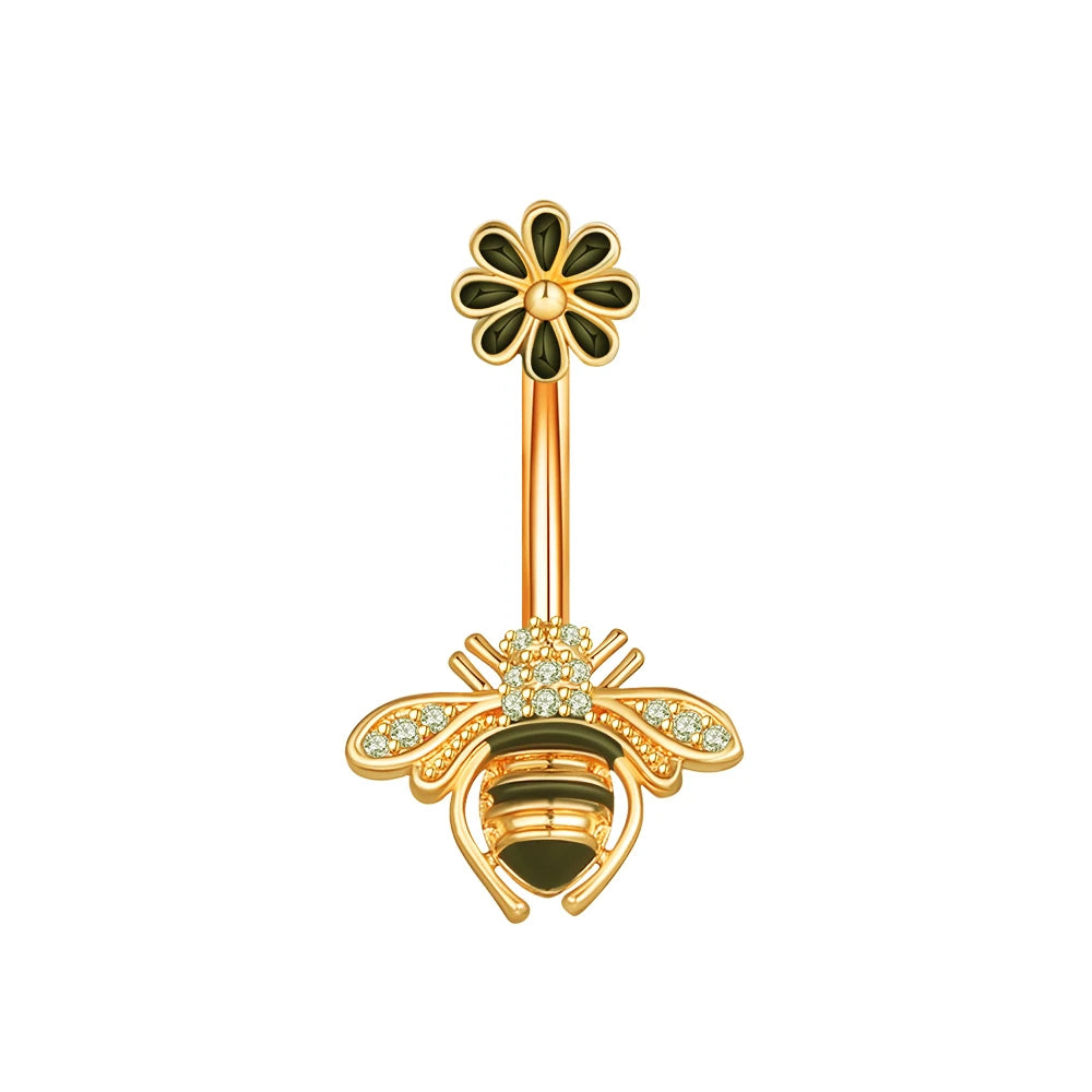 1 pièce Anneau de nombril incurvé en acier inoxydable couleur or avec cristaux CZ, motif papillon abeille, 14G, avec pendentif