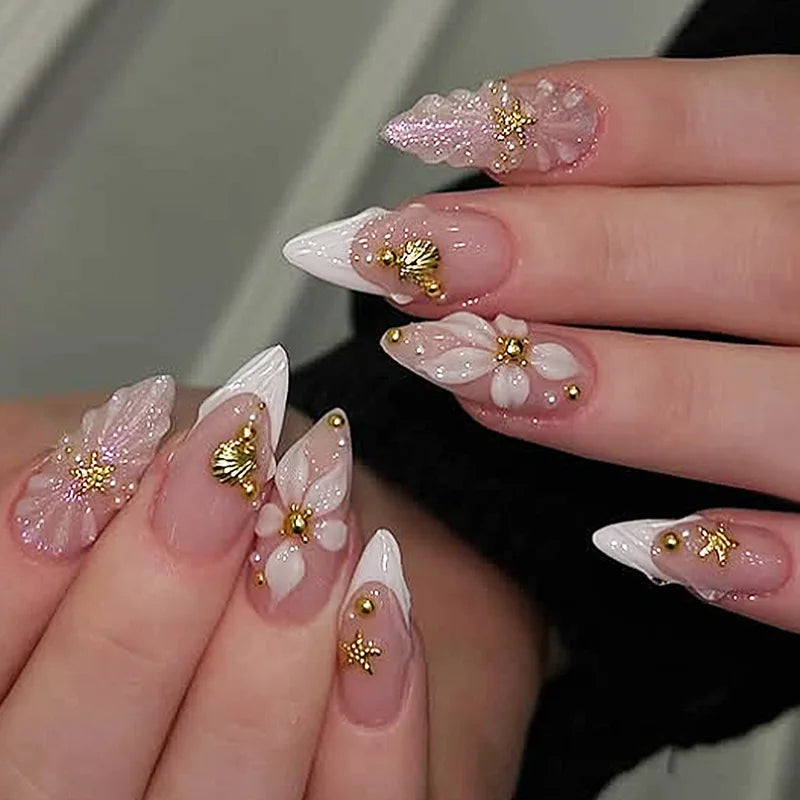 24 pièces mi-long doré amande ongles ensemble presse sur 3D fleur dégradé rose couverture complète faux ongles conseils perle réutilisable faux ongles