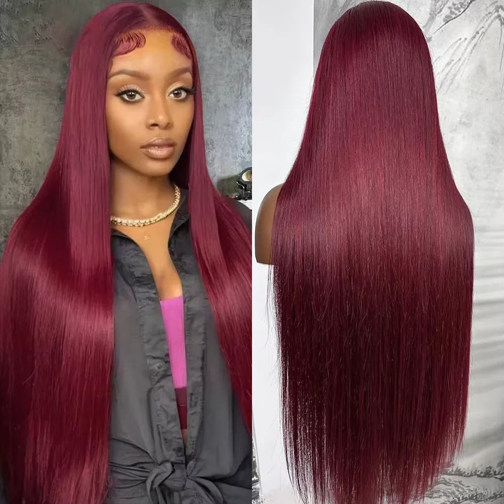 Perruque de cheveux humains lisses bordeaux avec dentelle frontale HD 13x6, 30-36 pouces, couleur rouge 99J, pour femmes