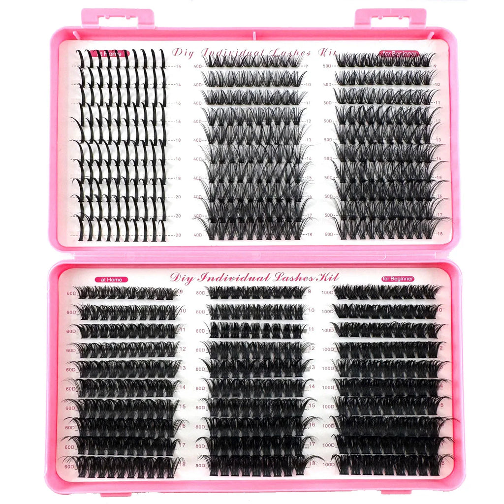 Faux cils en grappes individuelles Spikes 40/50/60/80/100D MIX – Lot de 580 pièces de faux cils épais, volumineux et effilés (wispy), avec une courbure D de 0,07 mm. Longueurs mélangées de 9 à 18 mm pour un effet naturel ou glamour selon le style souhaité