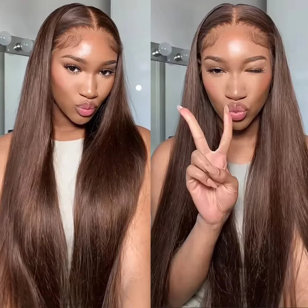 Mèches de cheveux humains raides couleur chocolat brun avec fermeture (closure) HD 4x4 ou frontal 13x4, extensions de tissage en cheveux 100 % bruts Remy.