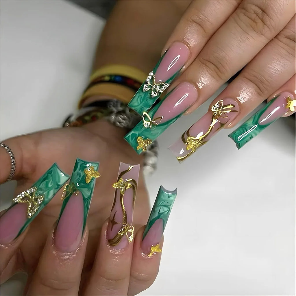 24 pièces – faux ongles longs carrés style français, design cœur 3D, ongles press-on avec strass, motif décoratif, faux ongles portables pour nail art
