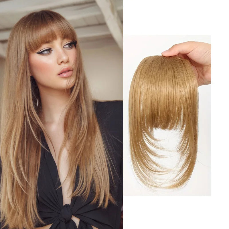 Frange à clipser en cheveux synthétiques, frange vaporeuse coupée avec favoris, aspect naturel marron foncé pour femmes, tenue de fête quotidienne