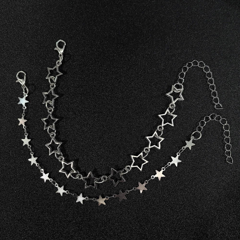 Lot de 2 bracelets Y2K mignons empilables en forme d'étoile, couleur argent, avec chaînes étoiles creuses et solides, pour femme, bijoux esthétique Coquette