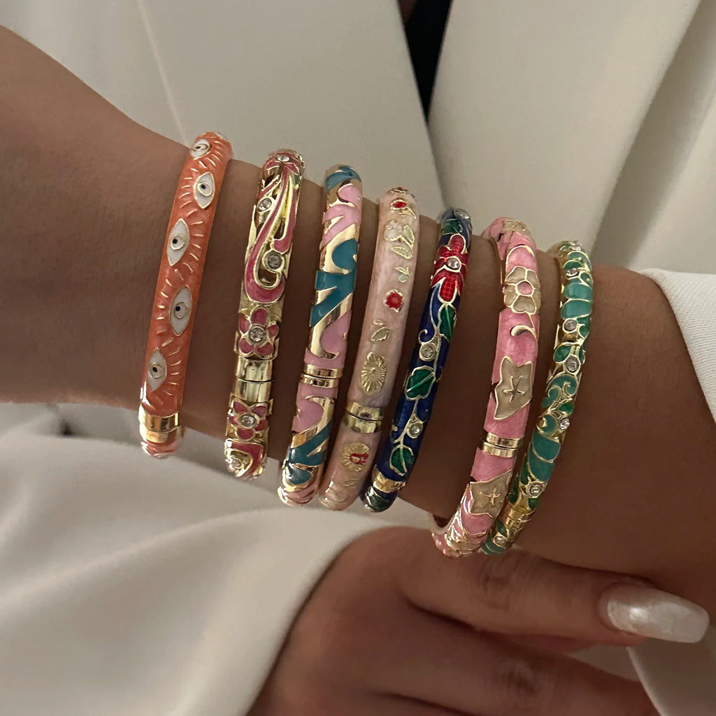 Bracelet élégant en émail goutte d'eau à texture florale pour femme, plaqué or rétro, avec zircon floral et motif œil porte-bonheur, bijou de fête