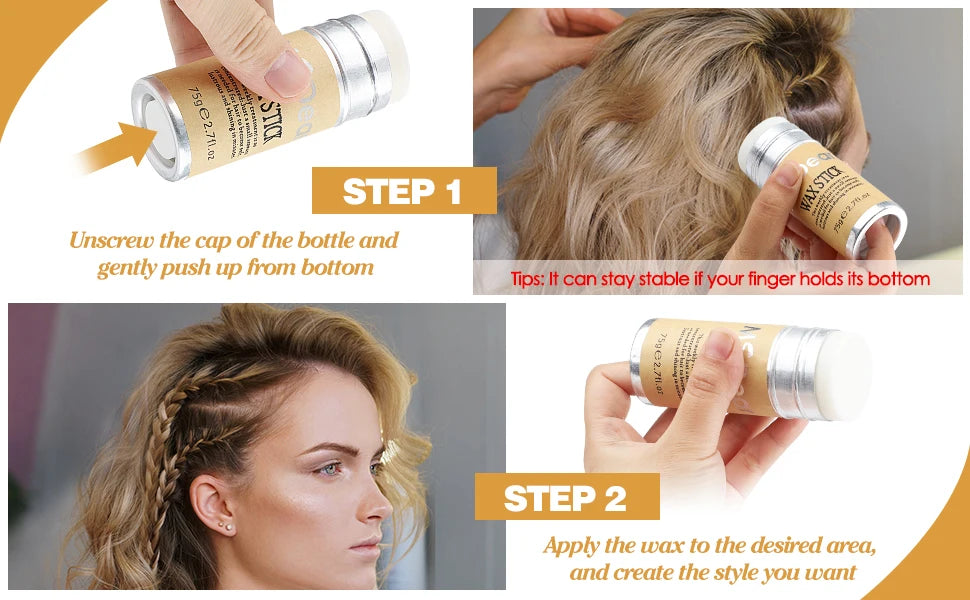 Stick de cire coiffante pour cheveux et perruques, formule professionnelle sous forme de gel-crème non grasse. Idéal pour lisser et discipliner les cheveux rebelles, les frisottis et les petits cheveux cassés. Convient aux hommes et aux femmes
