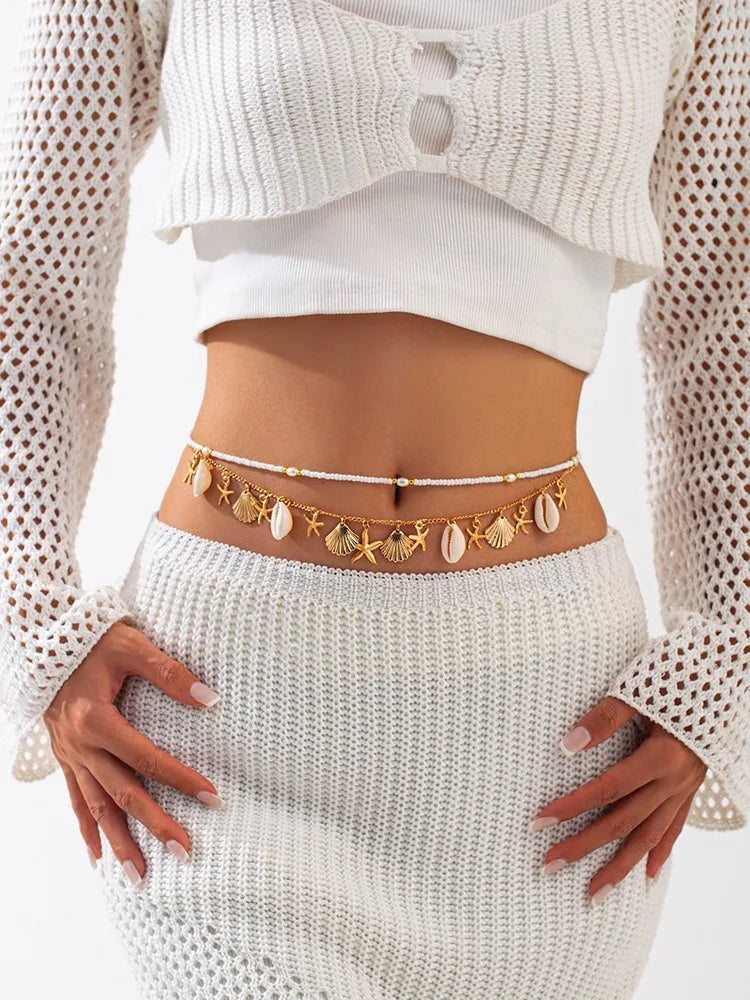 Nouvelle chaîne de taille en coquillage d'étoile de mer de plage bohème européenne et américaine, chaîne de corps en forme de conque de perle d'imitation de mode