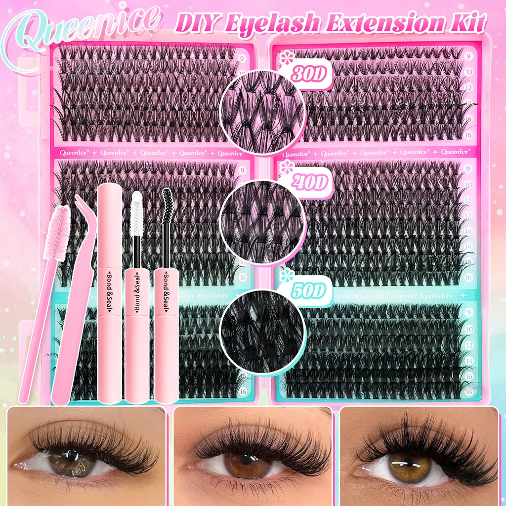 Kit d’extensions de cils DIY en bouquets – Faux cils individuels à poser soi-même, longueurs de 9 à 16 mm. Effet léger et naturel (wispy). Kit complet incluant colle (bond) et fixateur (seal) pour une meilleure tenue des cils