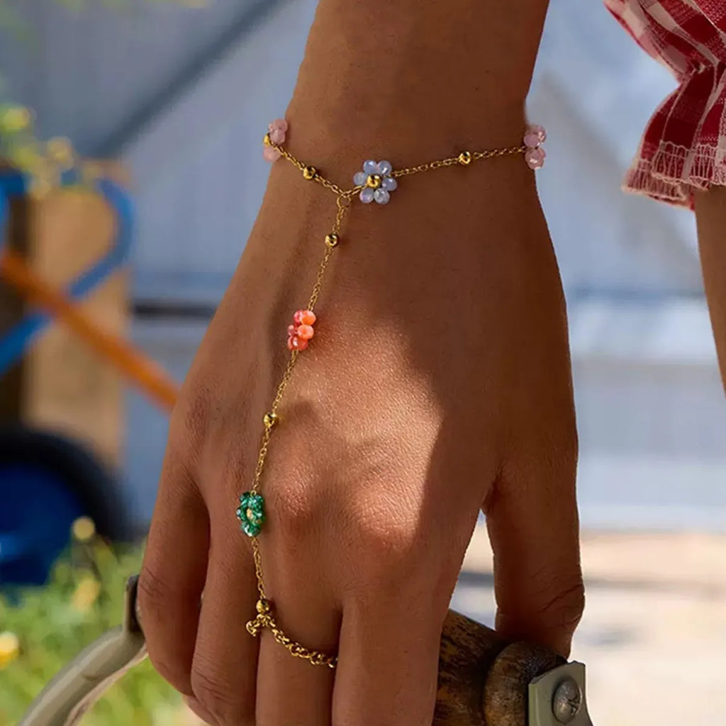 Nouveau Bracelet de Main et de Doigt Étanche en Perles de Cristal Colorées Dopamine avec Fleur pour Femme, Accessoires de Bijoux en Acier Inoxydable