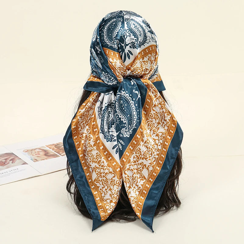 Foulard carré en soie pour femmes, nouveau Design de luxe, Style populaire, quatre saisons, protection solaire, foulard de plage, Hijab, 90x90CM