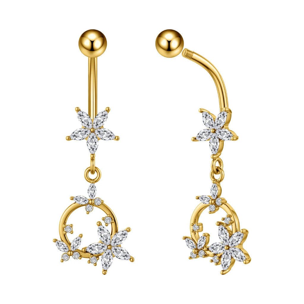 Anneaux de nombril série couleur or, carillon éolien, fleur pendante, cœur, anneau de ventre en acier inoxydable, bijoux de perçage de nombril, 1 pièce