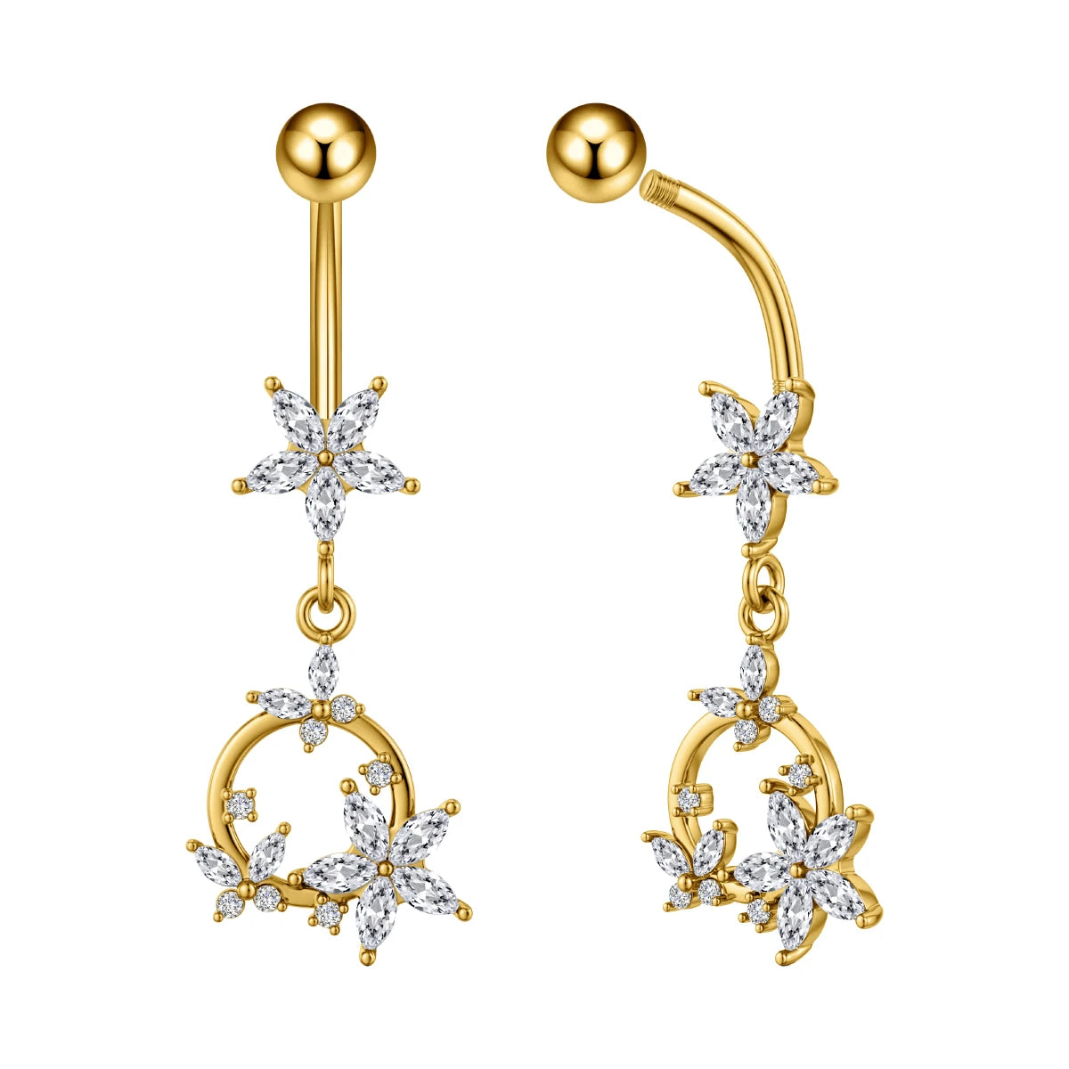 Anneaux de nombril série couleur or, carillon éolien, fleur pendante, cœur, anneau de ventre en acier inoxydable, bijoux de perçage de nombril, 1 pièce