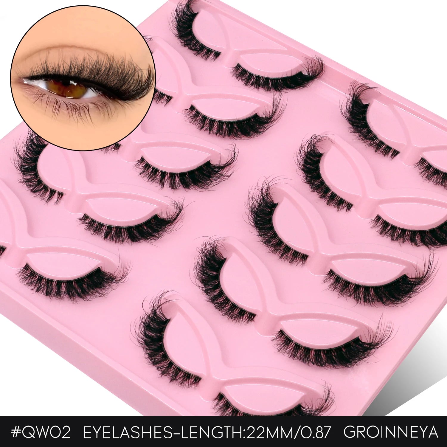 Cils GROINNEYA “Fluffy Cat” – Faux cils 3D effet vison (mink synthétique), doux, épais et volumineux. Cils complets avec effet vaporeux (wispy) et légèrement recourbé, pour un regard allongé type “œil de chat”.