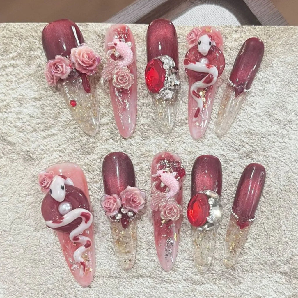 10 pièces oeil de chat rouge faux ongles faits à la main conseils fleur de serpent conception longue ovale faux ongles Art portable diamant amande presse sur les ongles