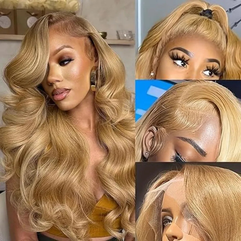 Perruques brésiliennes en cheveux humains ondulés, blond miel 27, avec dentelle frontale HD 13x6 et 13x4, densité 250, colorées et pré-épilées