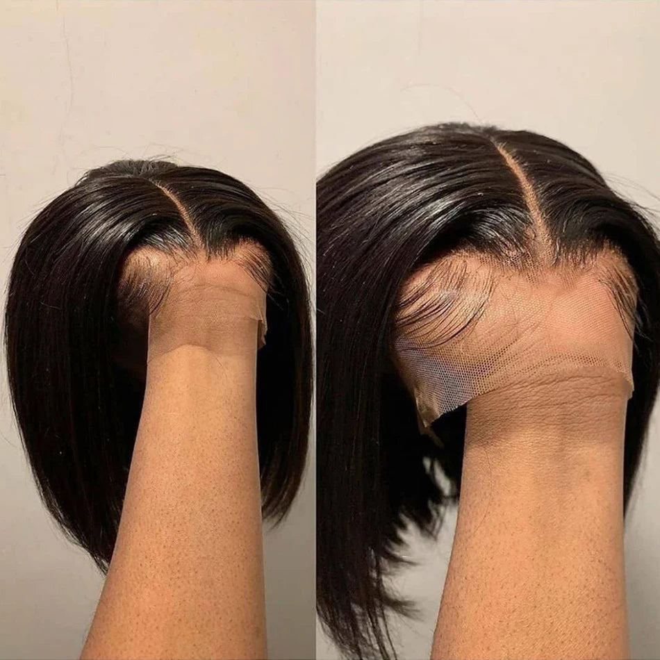 Perruque en cheveux humains 100 % naturels, coupe carré courte et lisse (Bone Straight), dotée d’une lace HD 13x6 pour un rendu discret et naturel. Densité de 250 % pour un volume généreux. Lace frontale HD 13x4