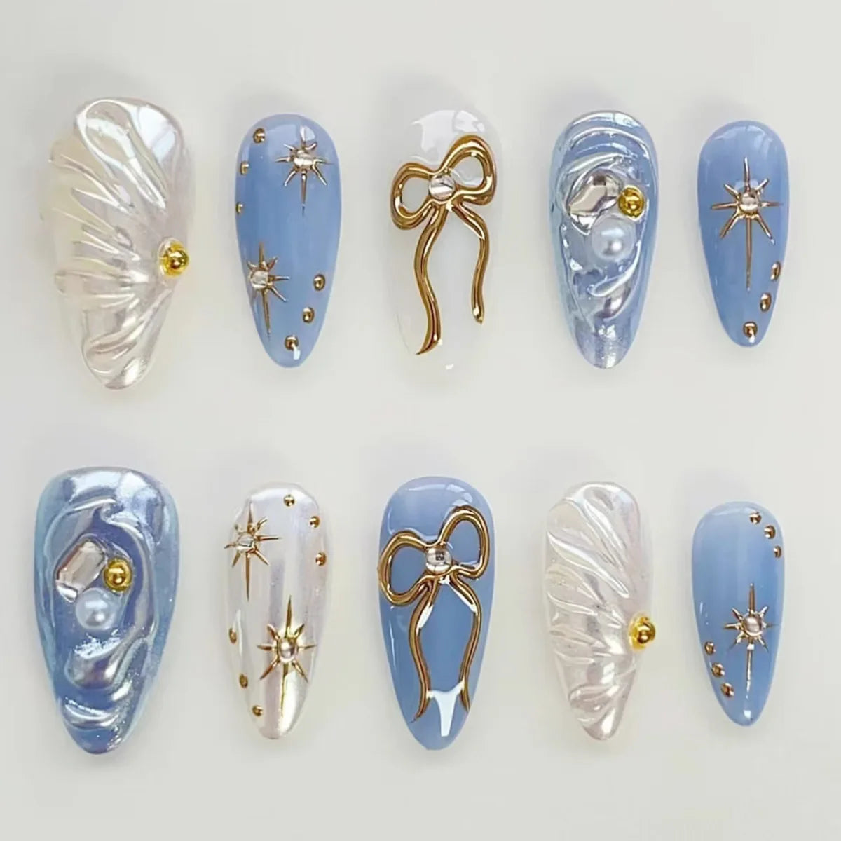 24 pièces mi-long doré amande ongles ensemble presse sur 3D fleur dégradé rose couverture complète faux ongles conseils perle réutilisable faux ongles