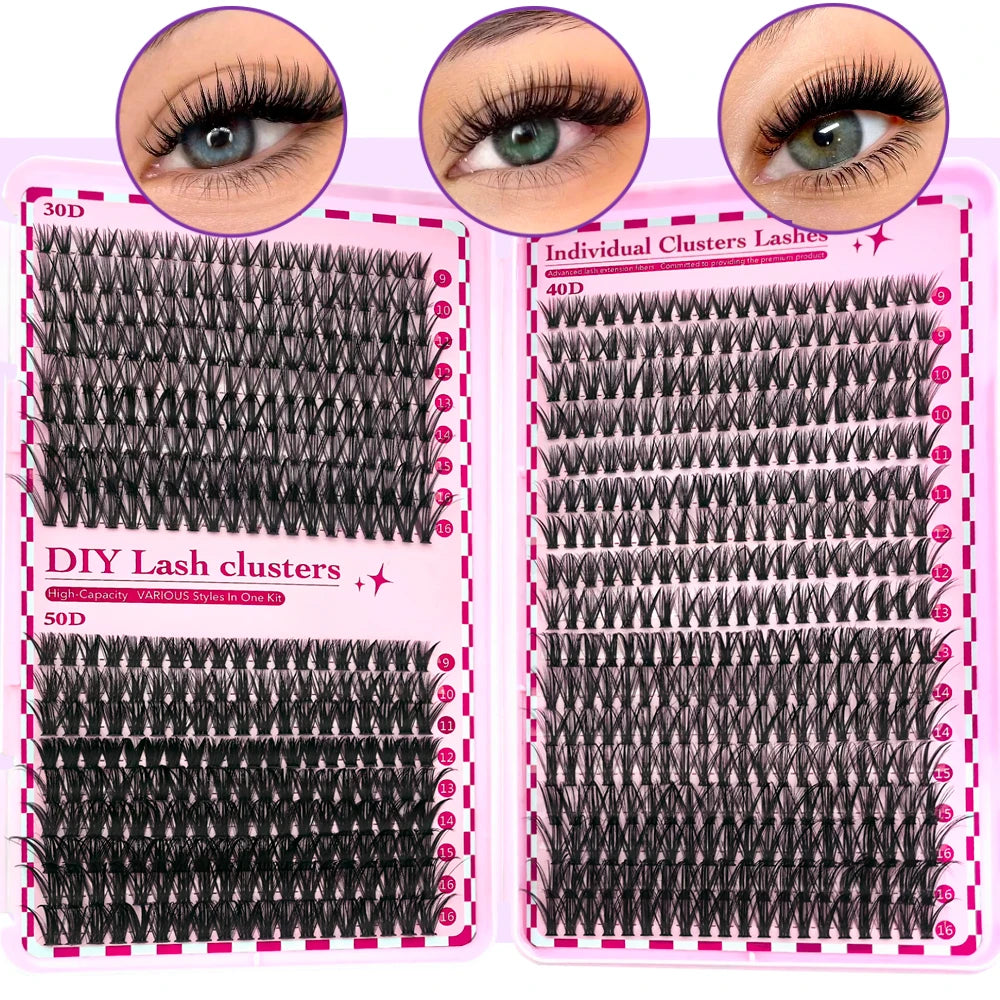 Kit d’extensions de cils DIY 700 pièces – Bouquets de cils 30D, 40D, 50D et 80D avec longueurs mixtes de 9 à 16 mm. Courbure D pour un regard plus ouvert et élégant.