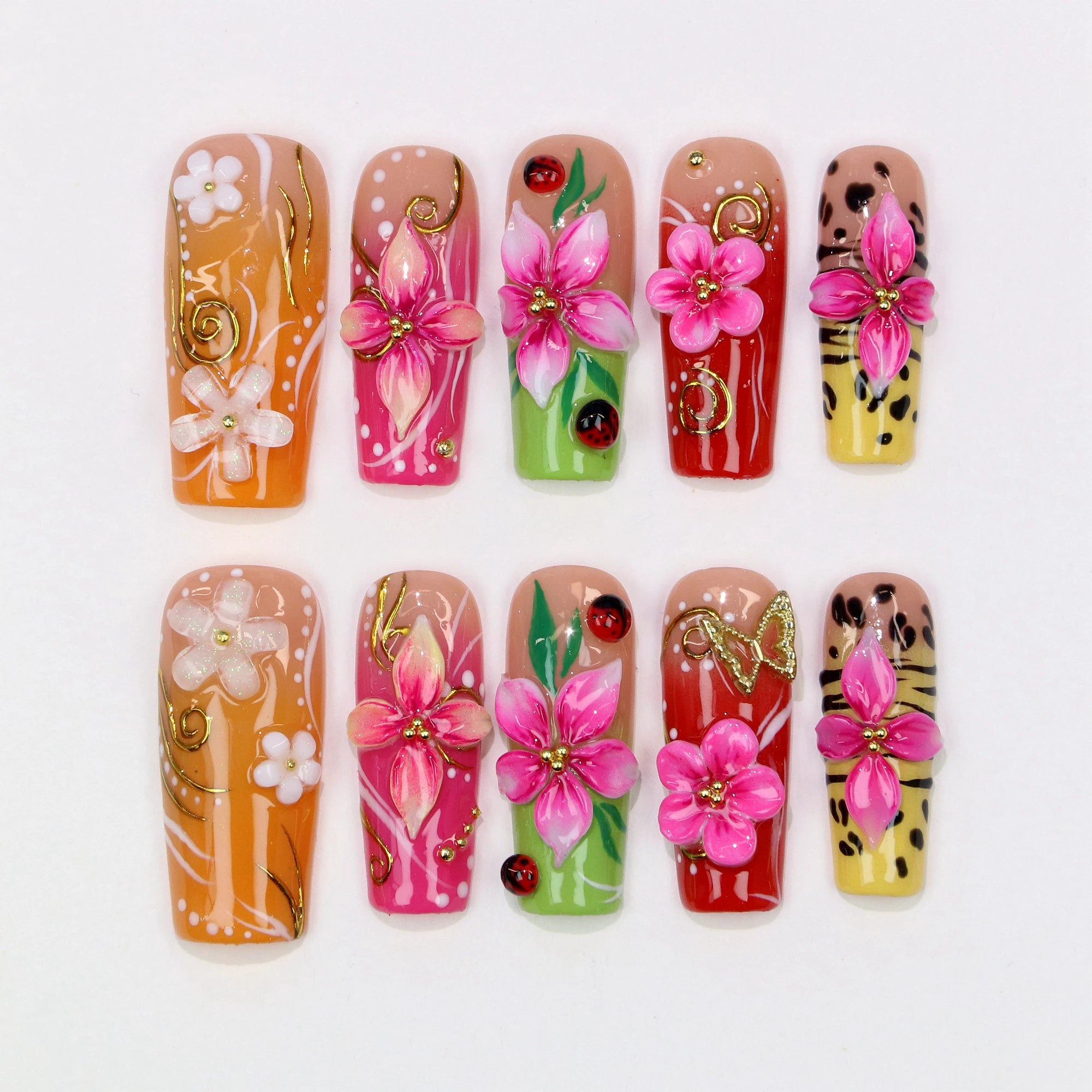 10 pièces 30mm 3D belle manucure faite à la main presse sur les ongles, faux fleurs peintes à la main en acrylique