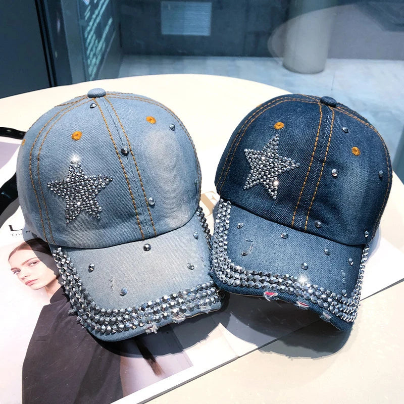 Casquette de Baseball en Denim pour femmes, Punk brillant, strass, Hip Hop, étoile, Snapback, chapeau à visière, Y2K, fille coréenne, papa, camionneur, protection solaire
