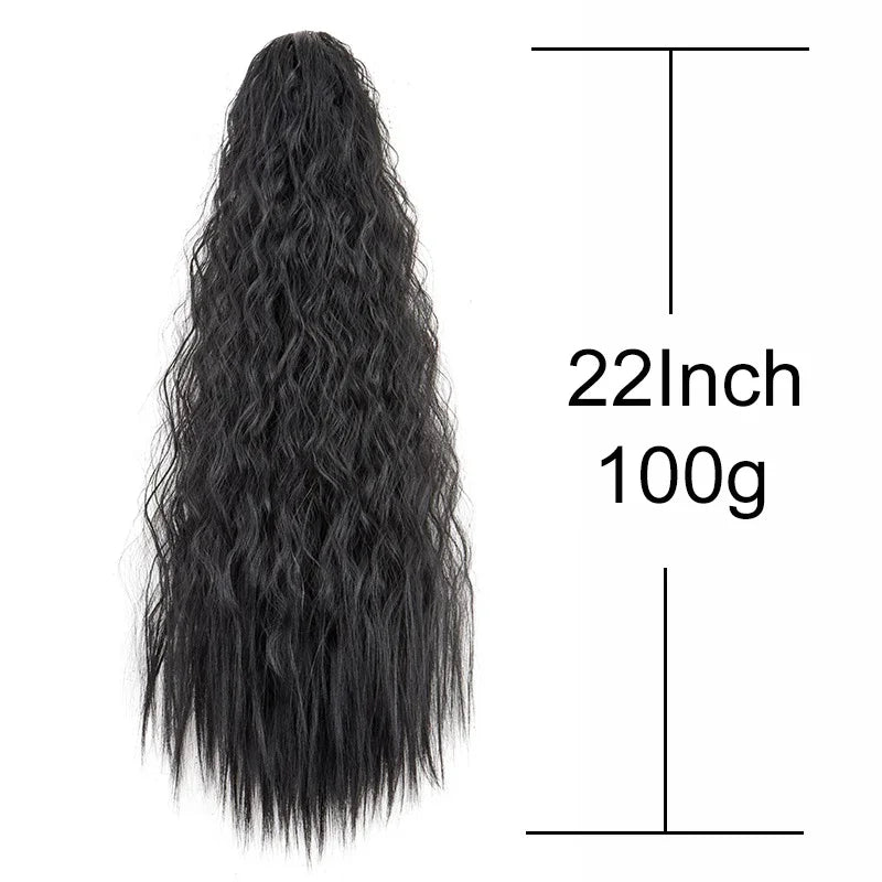 Queue de cheval synthétique longue et bouclée de 22 pouces, extension de cheveux à cordon de serrage, postiche noir à clipser pour femme