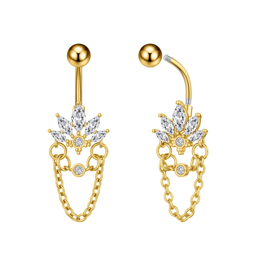 Anneaux de nombril incurvés 14G, cristaux CZ, corps Sexy, chaînes de nombril, fleur, Piercing de ventre, Umbigo, bijoux en acier inoxydable