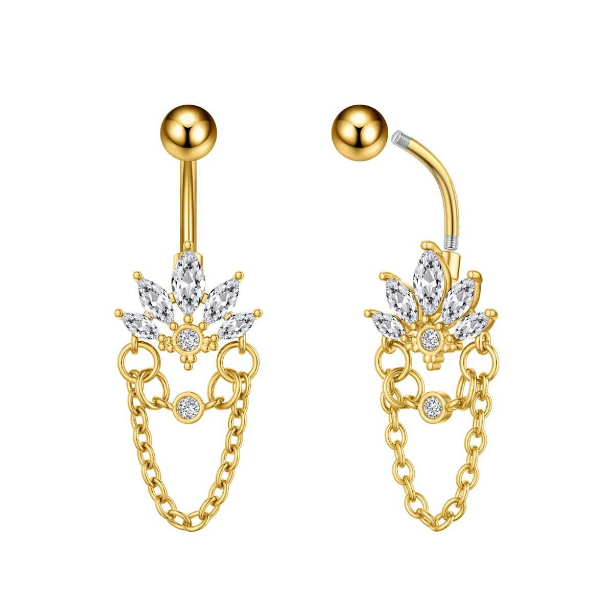 Anneaux de nombril incurvés 14G, cristaux CZ, corps Sexy, chaînes de nombril, fleur, Piercing de ventre, Umbigo, bijoux en acier inoxydable