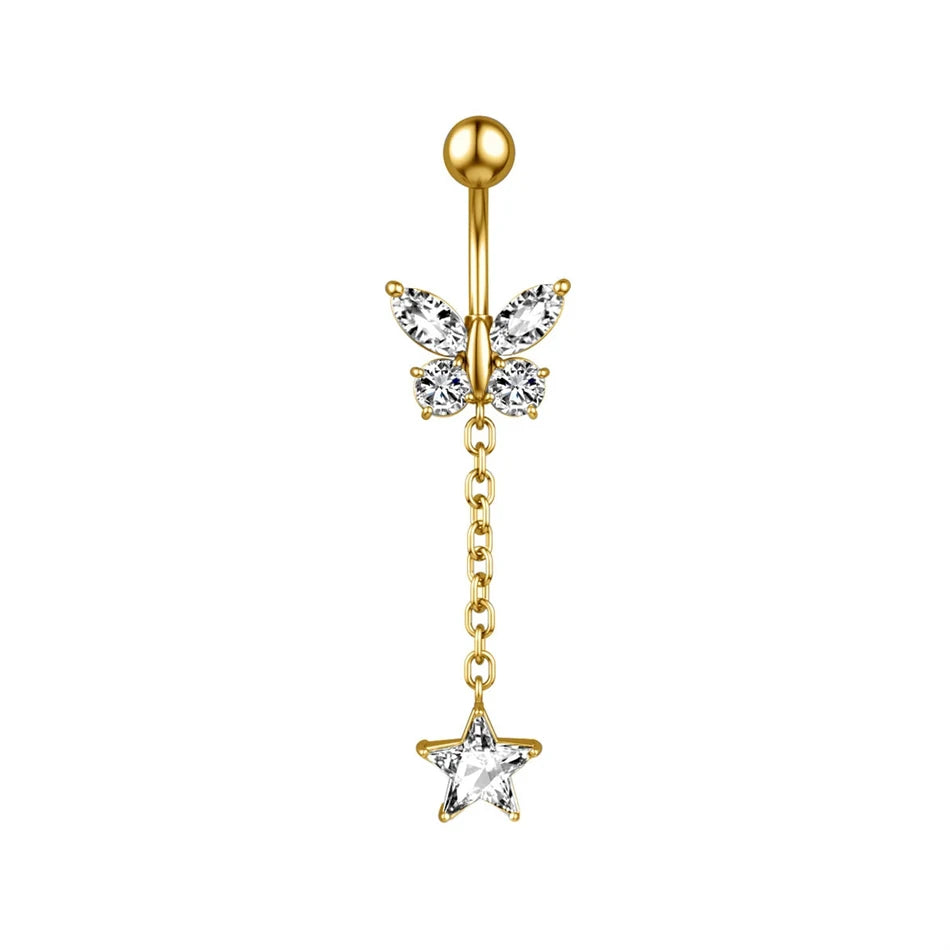 Piercing de nombril à filetage interne en titane – Bijou de nombril avec barre de piercing et pendentif décoratif. Orné d’une longue chaîne avec nœud, fleur ou papillon suspendu pour un look élégant et féminin.