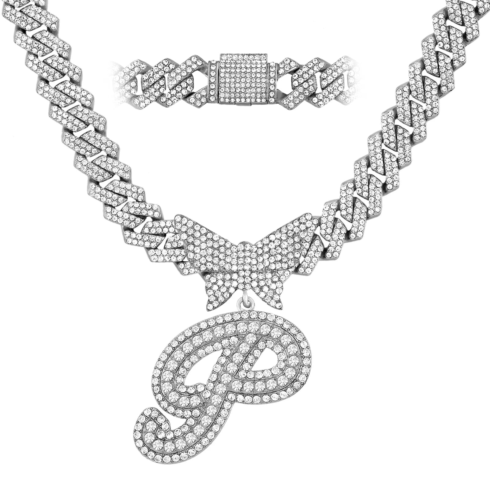 Collier chaîne cubaine 14 mm pour hommes et femmes, avec pendentif papillon en cristal et initiales, lettres cursives style “iced out”, bijou de style rappeur, nouveau bijou de mode.