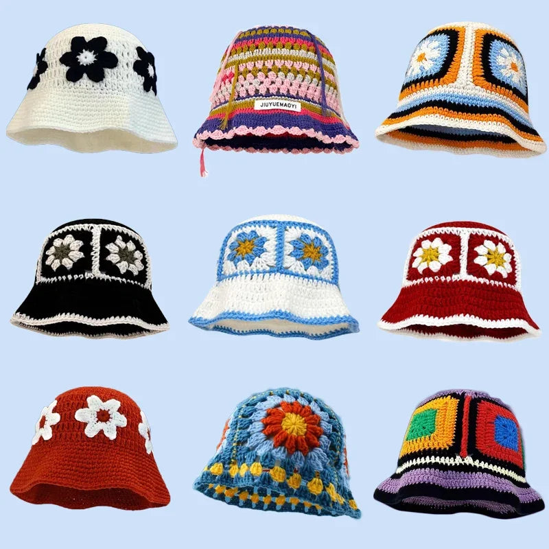 Chapeau seau coréen fait à la main au Crochet pour femmes, tissage tricoté, mode fleurs Y2k, bonnet de bassin, nouvelle collection automne hiver