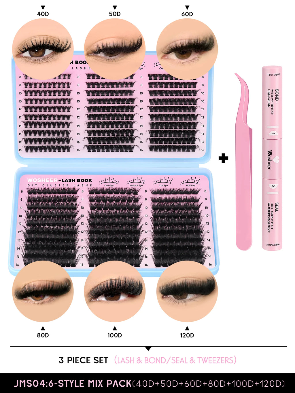 Kit de bouquets de faux cils – Extensions de cils individuelles en bouquets, effet volumineux et léger, plateau de tailles mixtes, avec colle et fixateur pour cils (Lash Bond & Seal) ainsi qu’une pince applicatrice incluse.
