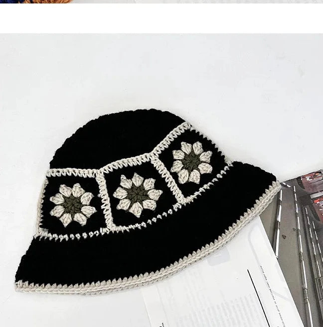 Chapeau seau coréen fait à la main au Crochet pour femmes, tissage tricoté, mode fleurs Y2k, bonnet de bassin, nouvelle collection automne hiver